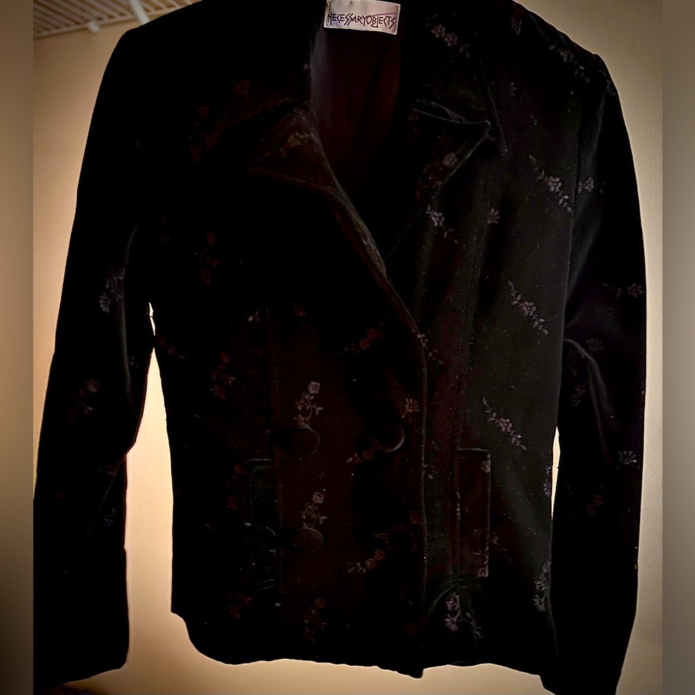 Crushed velvet/suede like jacket with embroidered flowers.  Worn once.